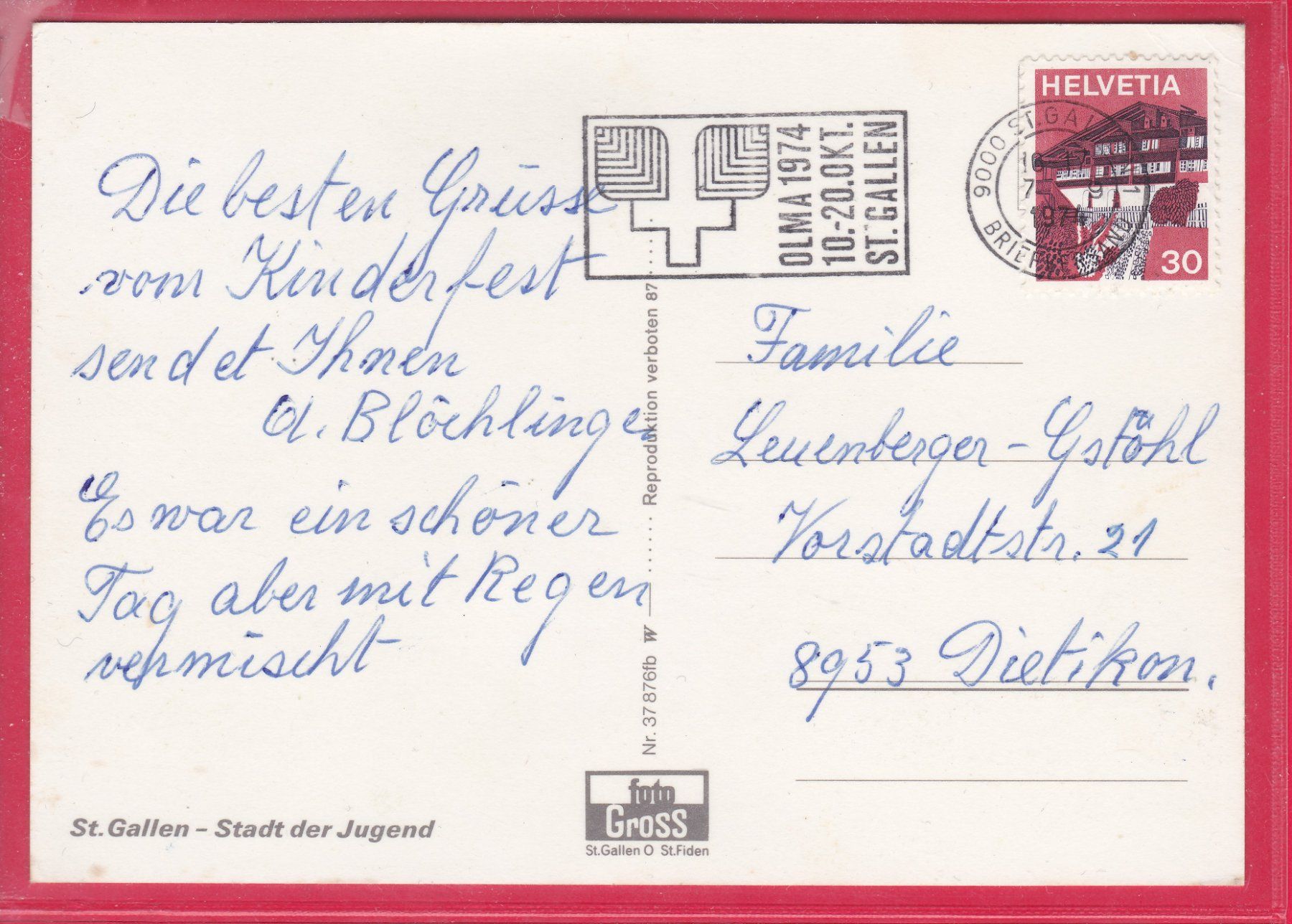 Cartoline postali: ST.GALLEN, KINDERFEST, 7.9.1974 – Usato da Oberrieden venduto da Gebirgsstelze 1