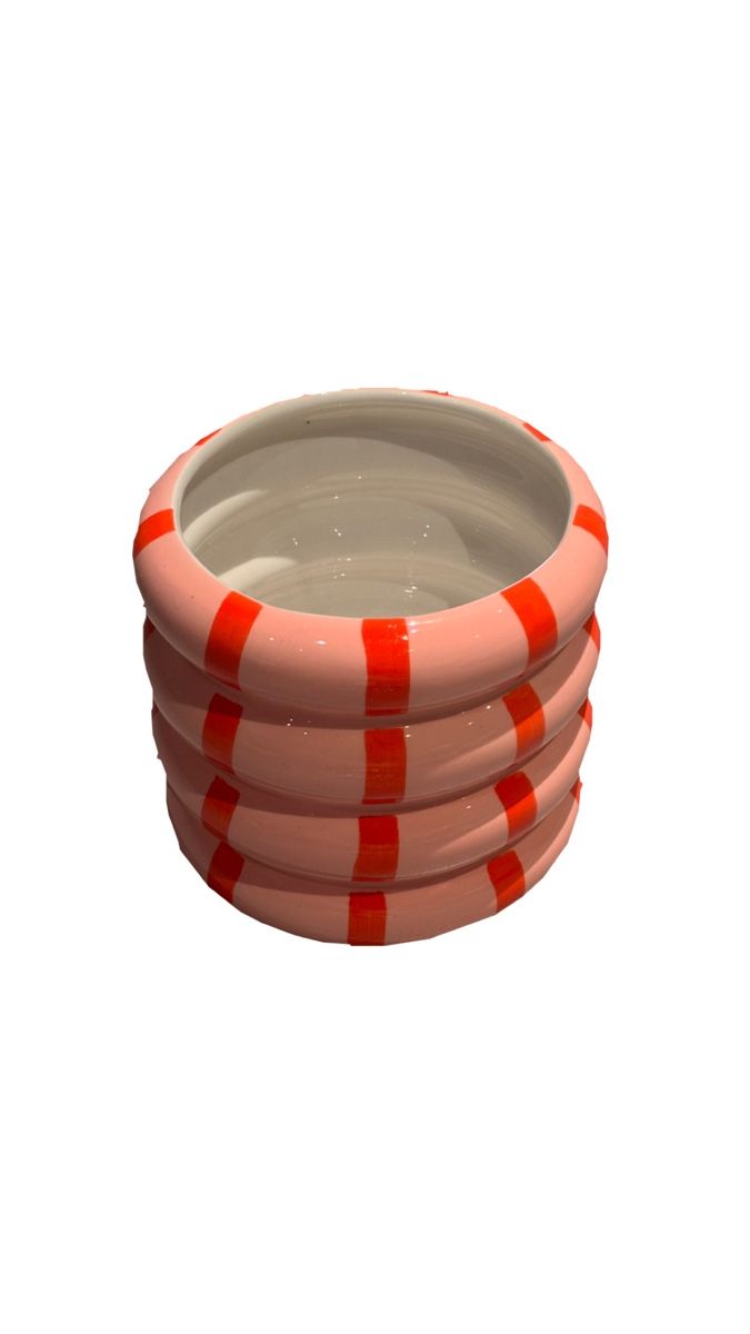 Vasen & Gefässe: Ceramic pot pink orange striped round handmade – Gebraucht aus La Chaux-de-Fonds von joa_jk5g