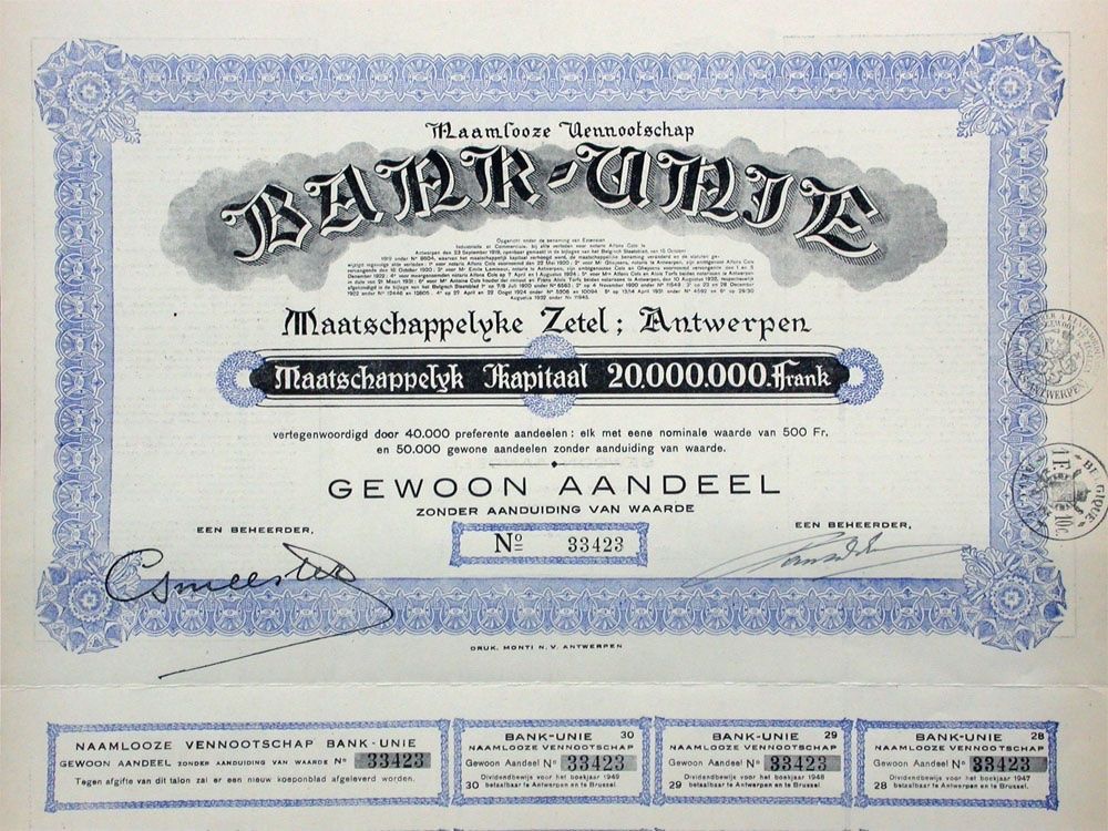 Documenti: Bank-Unie NV, Antwerpen - 1932 – Usato da Solothurn venduto da Sgasche