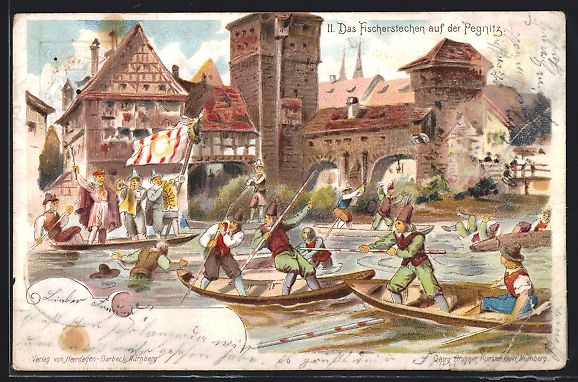 Cancelleria postale: Litho Nürnberg, Das Fischerstechen auf  – Usato da Berlin venduto da bartko-reher