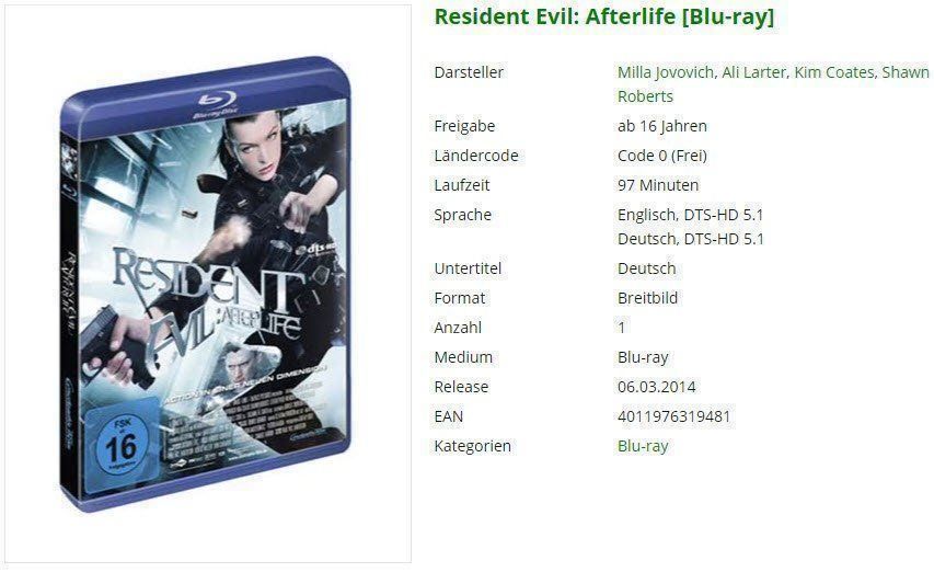 Alle DVDs: Resident Evil: Afterlife [Blu-ray] – Gebraucht aus Buchrain von Sssschaller