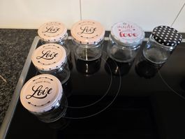 6 Einmachgläser mit Deckel verschiedene Designs 