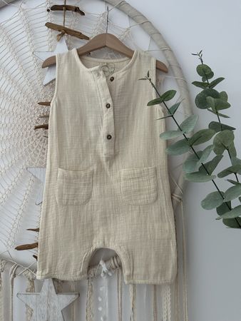  Sommer Jumpsuit kurz Musselin beige Gr. 92 *NEU mit Etikett