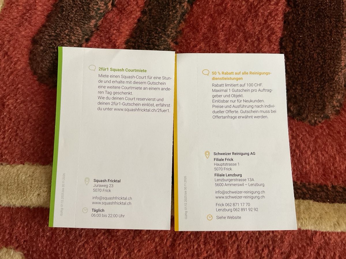 Gutscheine: 7 bons de réduction à Frick – Neu (gemäss Beschreibung) aus Düdingen von Yellow 2