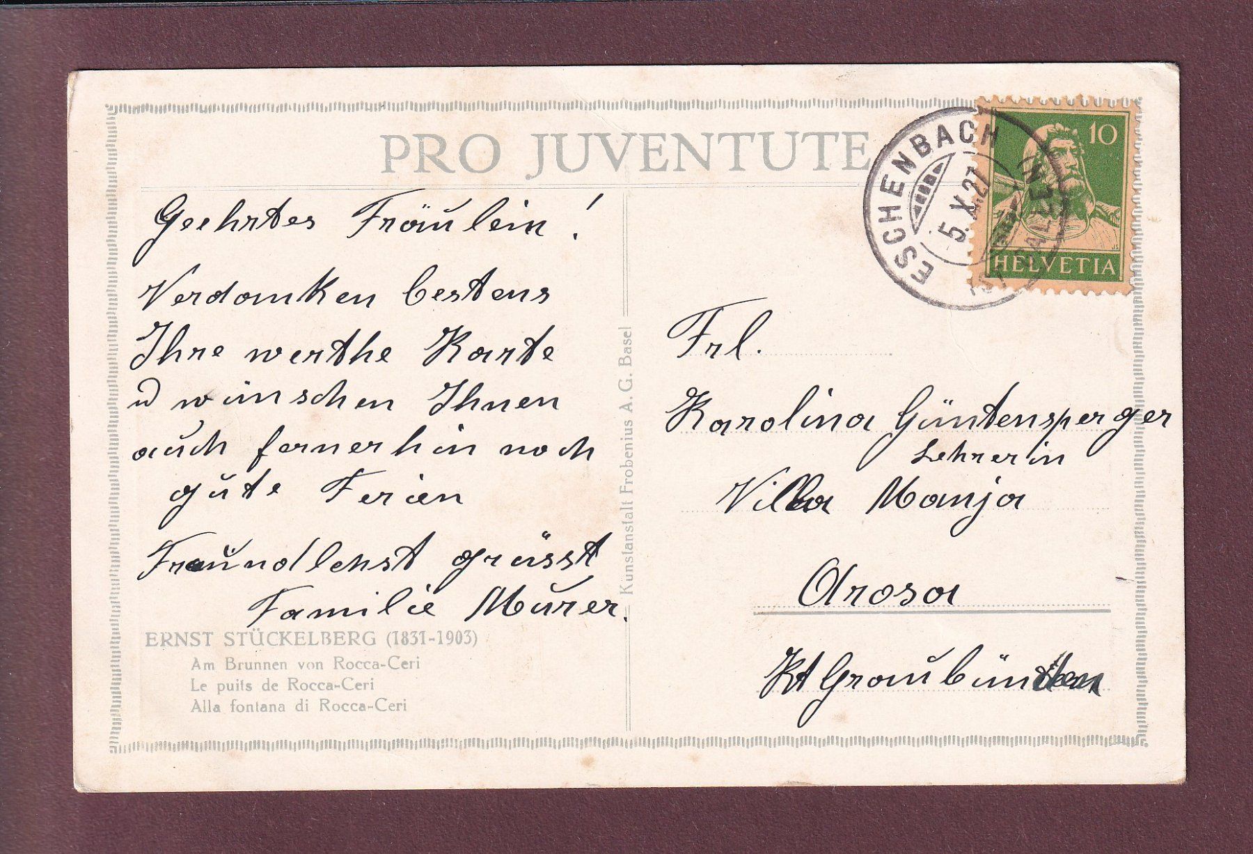 Cartoline postali: PRO JUVENTUTE - Rocca-Ceri - 1927 – Usato da Pully venduto da nicecards 1