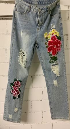 Jeans Hose Perlen Spitze Blumen, hohe Taille Gr.40 42, NEU