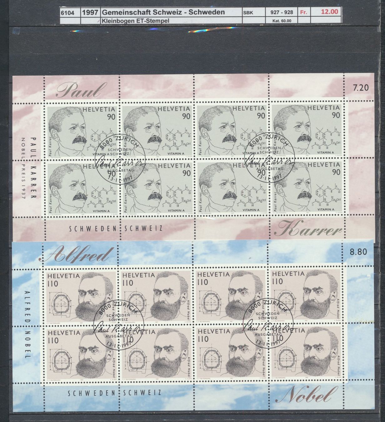 Alle Briefmarken: 1997 "Gemeinschaft Schweiz - Schweden", Kleinbogen ET – Gebraucht aus Winterthur von Zupogeru