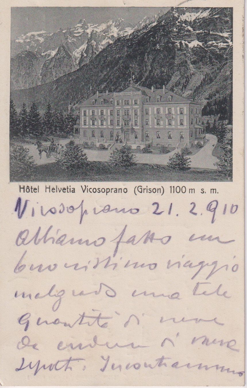 Ansichtskarten: AK Vicosoprano - Hotel Helvetia 1910 – Gebraucht aus Riva San Vitale von MAR-NAPO