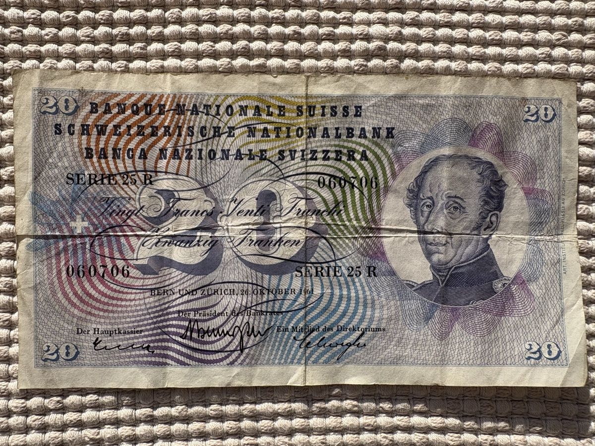 Banconote: 20 er Bandnote Schweiz Serie 25R / 1961 – Usato da Rümlang venduto da SchumBru10