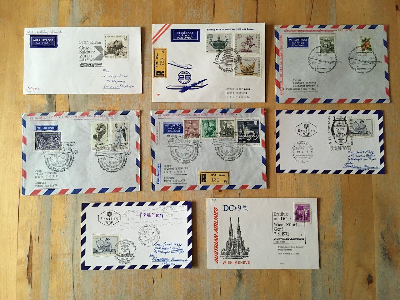 Alle Briefmarken: 8 Flugbriefe Österreich 1971 – Gebraucht aus Nesslau von zueri6