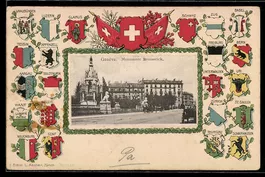 AK Genève, Monument Brunswick, Passepartout mit Wappen