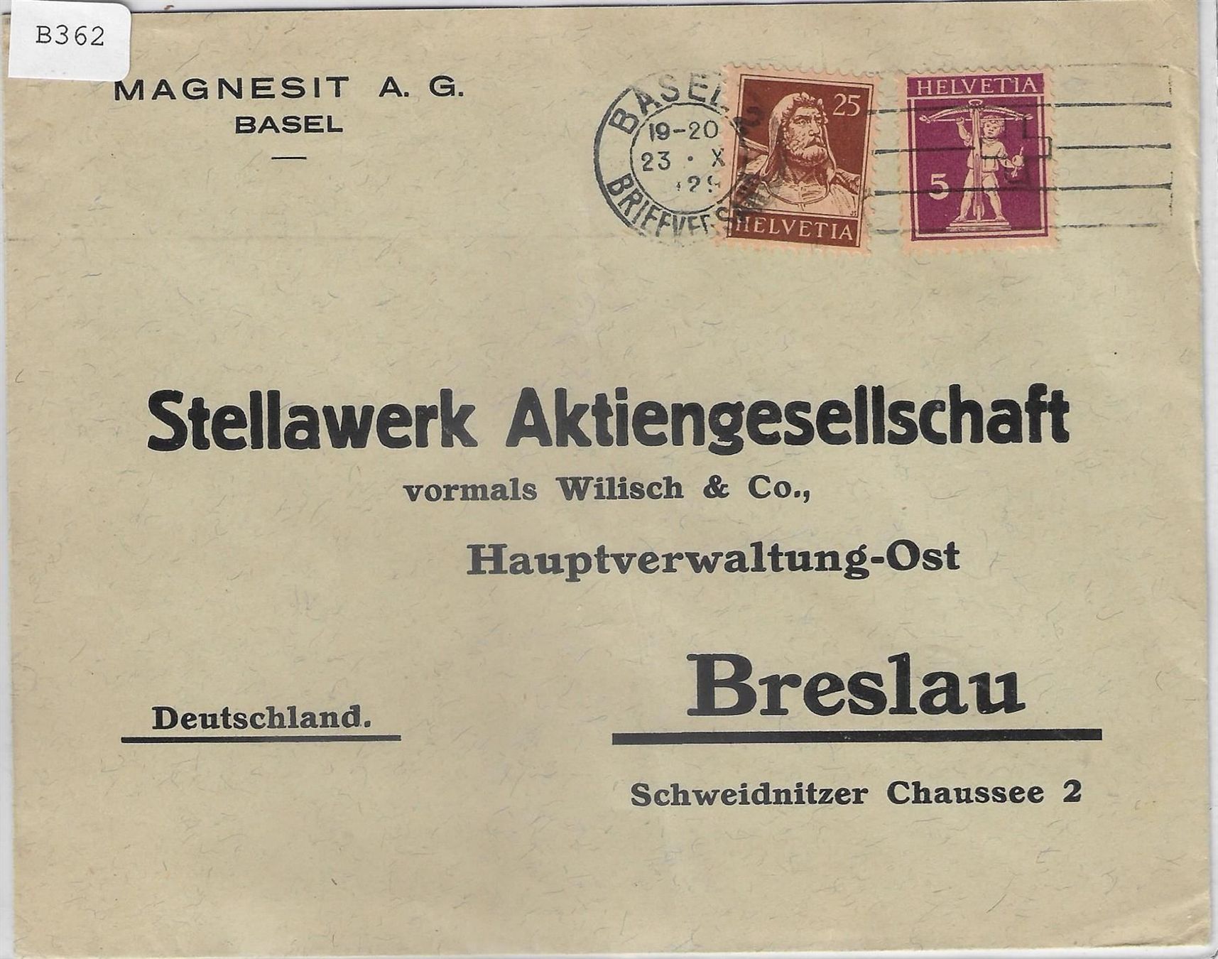 Alle Briefmarken: Magnesit AG Basel 23.X.1925 170, 175 – Antik aus Ettingen von Kartenplanet