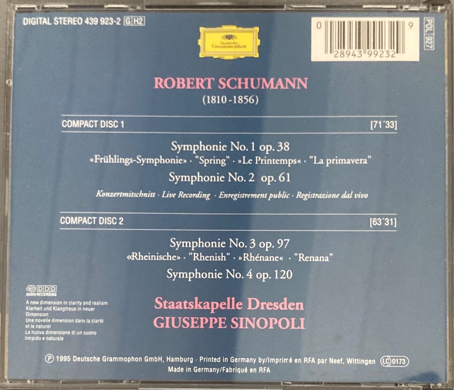 CD: ROBERT SCHUMMANN..... - 4 SYMPHONIEN – Usato da Poliez-Pittet venduto da Newtown-Records 1