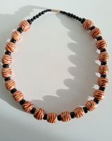 Holz-Kette mit Zebra-Muster und schwarzen Kugeln, Vintage
