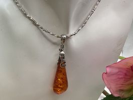Vintage Collier mit Anhänger Sterlingsilber u. Bernstein