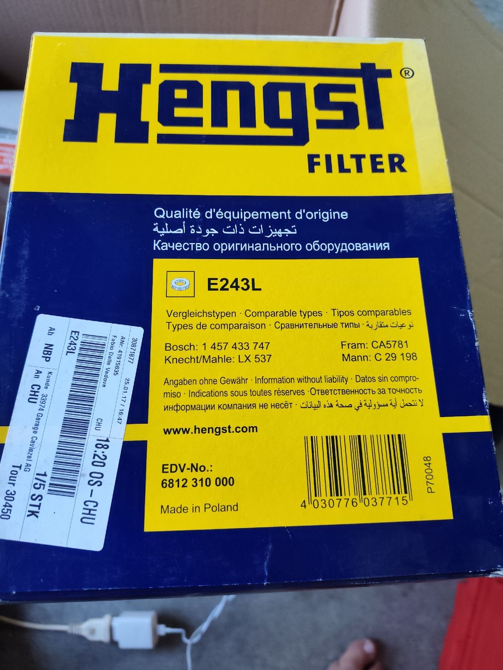 Volkswagen Tutti pezzi di ricambio auto: Hengst Filter E243L Luftfilter VW T4 neu – Nuovo (secondo la descrizione) da Rebstein venduto da andi322
