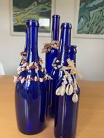 Set Deko Blauglas Vasen m. Muschel-Ketten, Sonnenblumen etc!