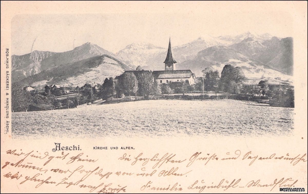 Cartoline postali: Aeschi BE // Kirche und Alpen 1902 – Usato da Basel venduto da intermezzo12