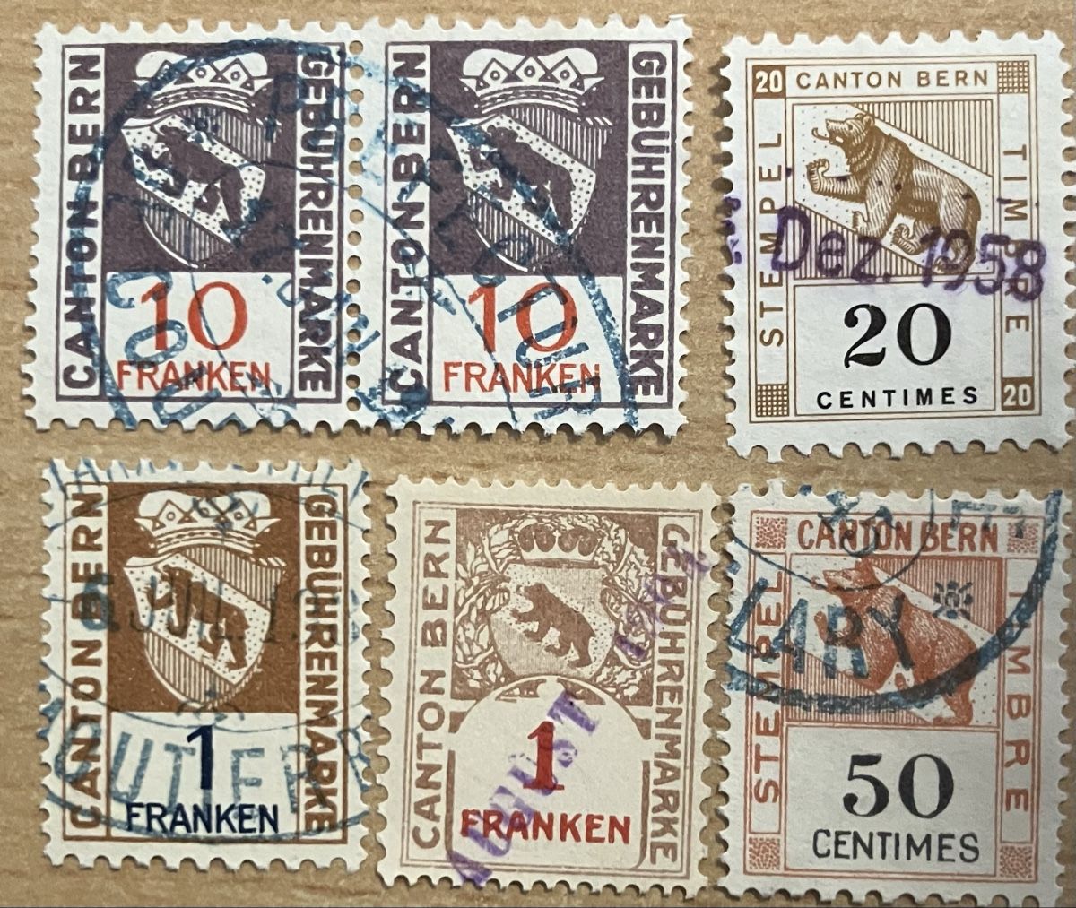 Alle Briefmarken: 6 Gebührenmarken Canton Bern BE – Gebraucht aus Hunzenschwil von zibu88