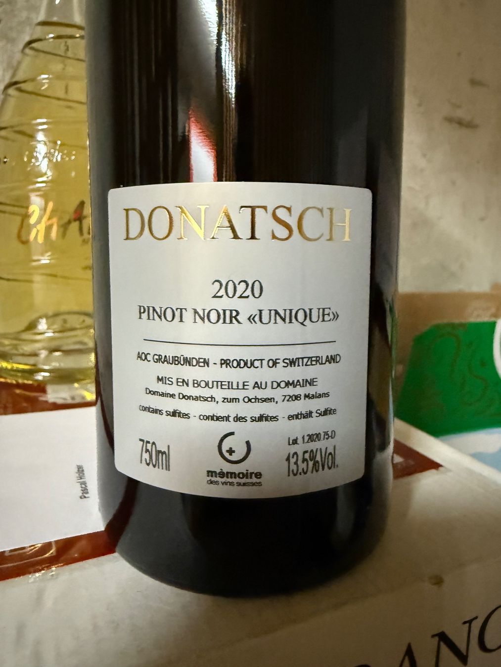 Donatsch Vino: Donatsch Unique Pinot Noir 2020 – Nuovo e nell'imballaggio originale da Oberentfelden venduto da Swissair72 2