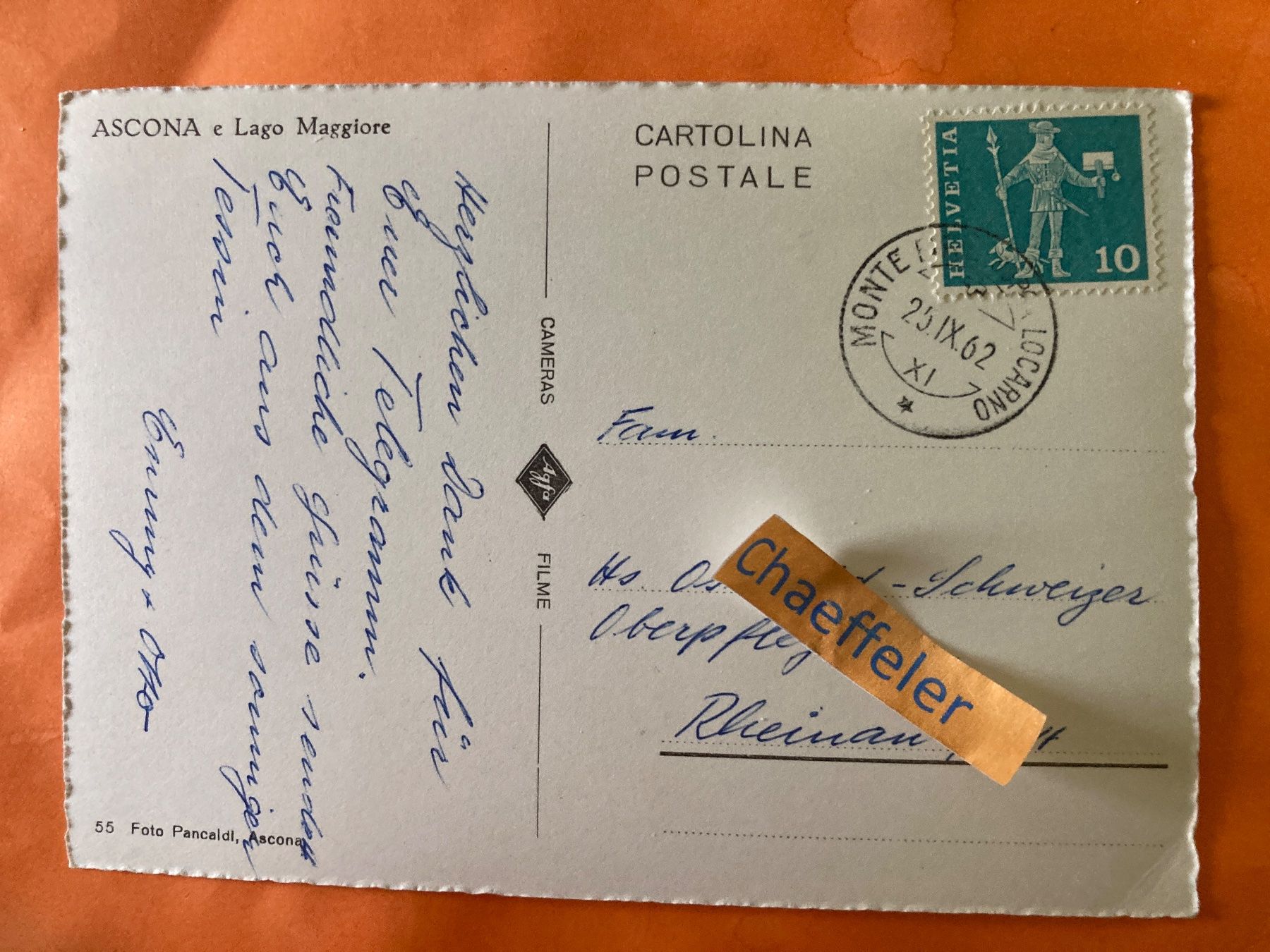 Cartoline postali: 1962 Ascona e Lago Maggiore. – Usato da Zürich venduto da Chaeffeler 1