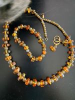Bernstein Labradorit Schmuckset, Kette, Ohrringe, Armband