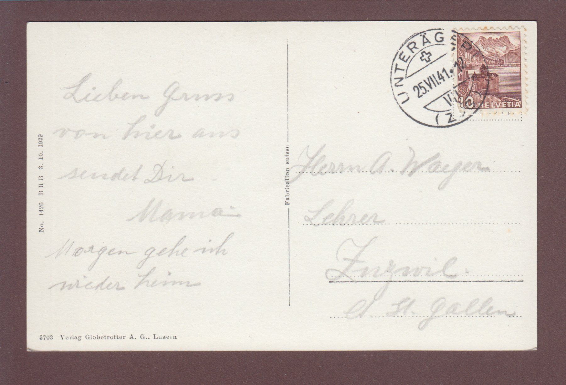 Cartoline postali: AEGERI vom Zugerberg aus - 1941 – Usato da Pully venduto da nicecards 1