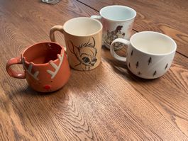 4er Set Tassen, Winter/Weihnachten, Reh, Bäume, Top Zustand