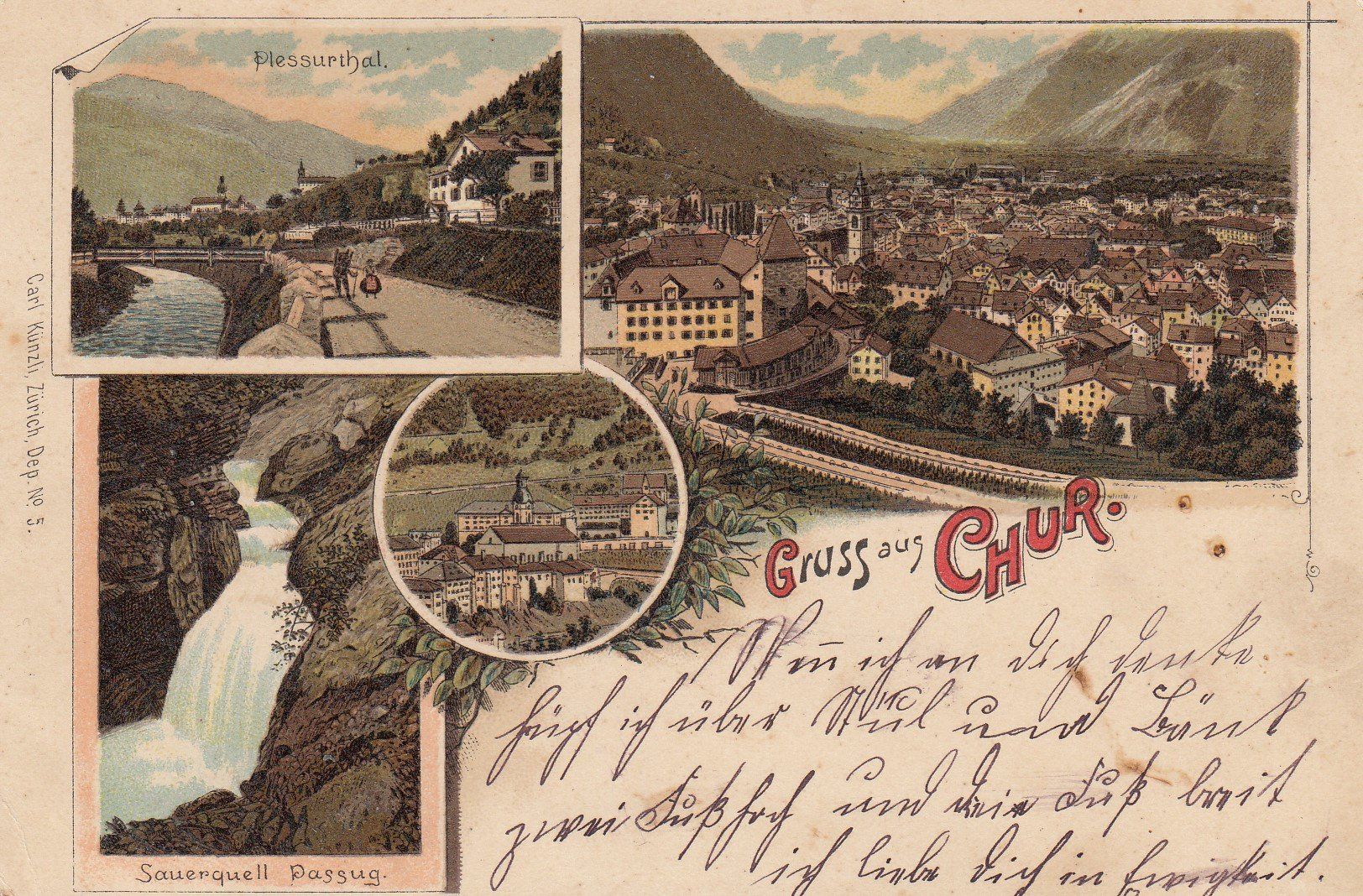 Cartoline postali: 1900, 4 bildrige AK, "Gruss aus Chur", Plessurthal – Usato da Rheinfelden venduto da iamello