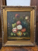 Tableau ancien : bouquet de fleurs, cadre doré, signé.