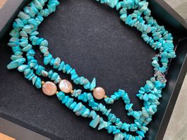 SALE Tolle Türkis 3 Perlen Halskette Echt Collier Turquoise