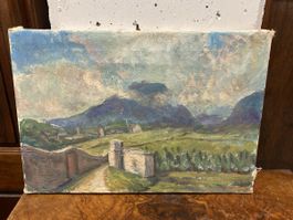 Peinture à l'huile vintage, paysage de montagne idyllique