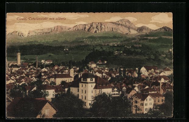 Cartoline postali: AK Flawil, Ortpanorama mit Säntis, 1919 – Usato da Berlin venduto da bartko-reher