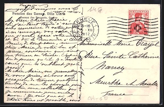 Cartes postales: Genève, Pension des Dames, Villa Clara, – D'occasion à Berlin par bartko-reher 1