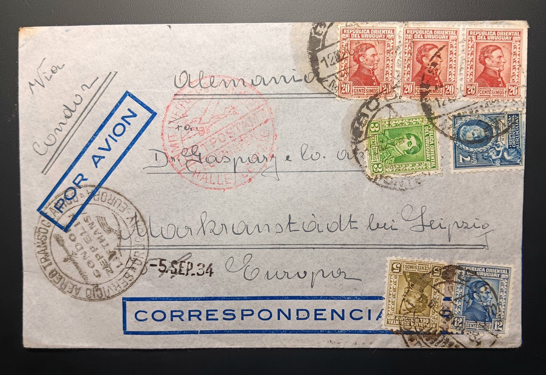 Tutti i francobolli: ZEPPELIN 1934 URUGUAY Bf Montevideo - Markranstädt/Leipzig – Usato da Holderbank AG venduto da DINOS-PHILA