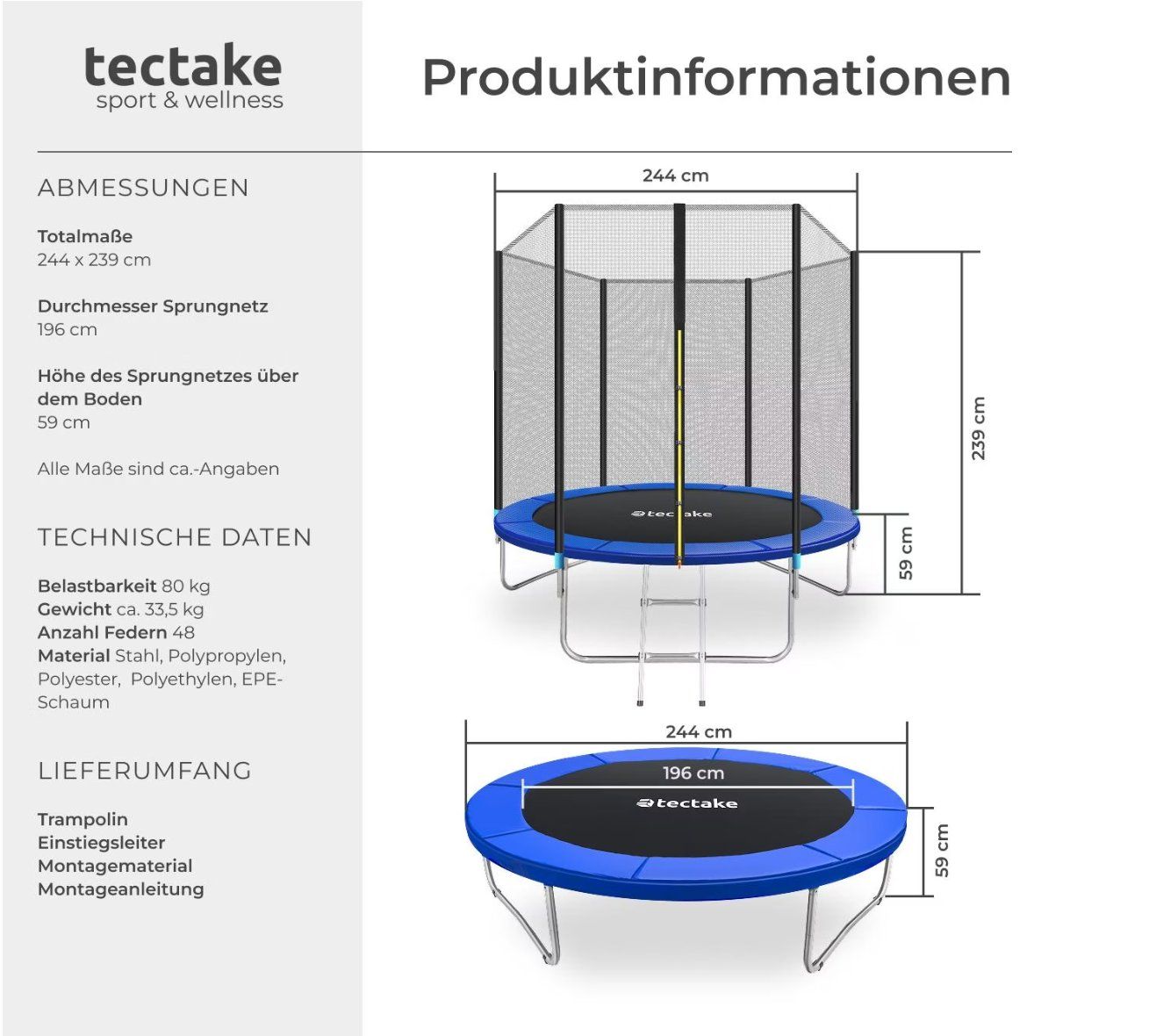 Trampolini: Gebrauchtes Trampolin von tectake Garfunky, Durchm.244cm – Usato da Zürich venduto da Jbuehler777