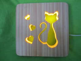 Lampe mit Katzen Motiv Holz LED Beleuchtung