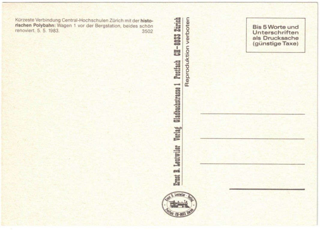 Cartoline postali: Zürich - Standseilbahn Polytechnikum Repro – Usato da Binningen venduto da Mountainrider 1