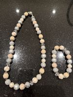 Halskette und Armband Set Perlen beige grau