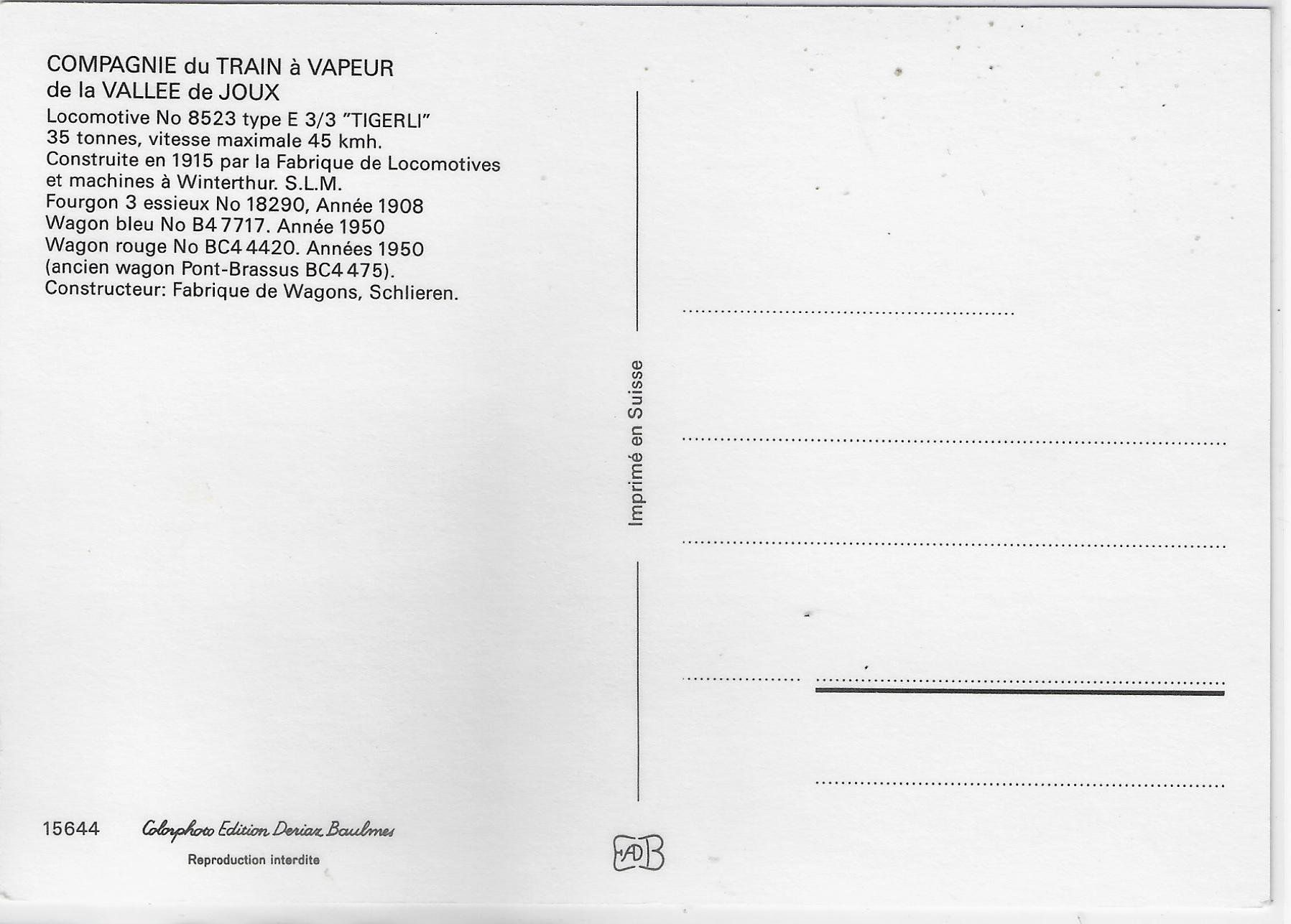 Cartoline postali: Compagne du Train a Vapeur de la Valle de Joux – Usato da Ettingen venduto da Kartenplanet 1