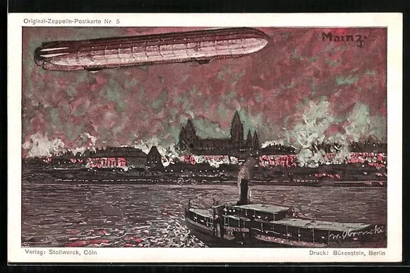 Foto & Poster: Mainz, Zeppelin über der Stadt, Dampfer – Usato da Berlin venduto da bartko-reher