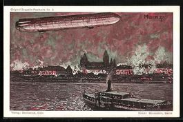 Mainz, Zeppelin über der Stadt, Dampfer