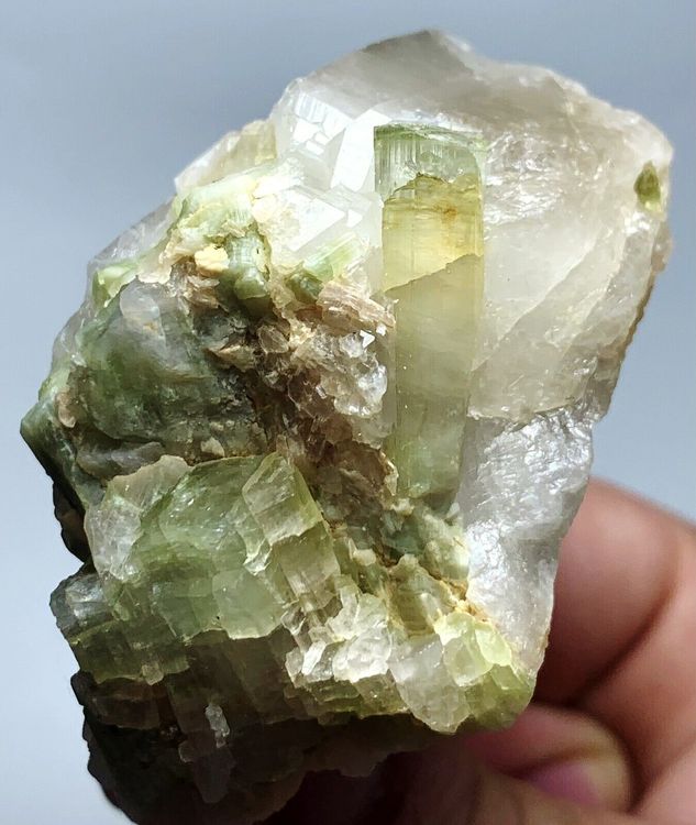 Grüne Turmalin Gruppe auf hellem Rauchquarz.Mineralien Stufe (Neu ...