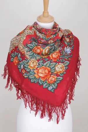 Rotes Foulard aus Wolle m. prächtigem Blumenmuster, Neu