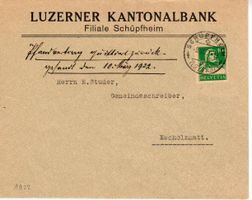 Brief, Luzerner Kantonalbank Filiale Schüpfheim 1922