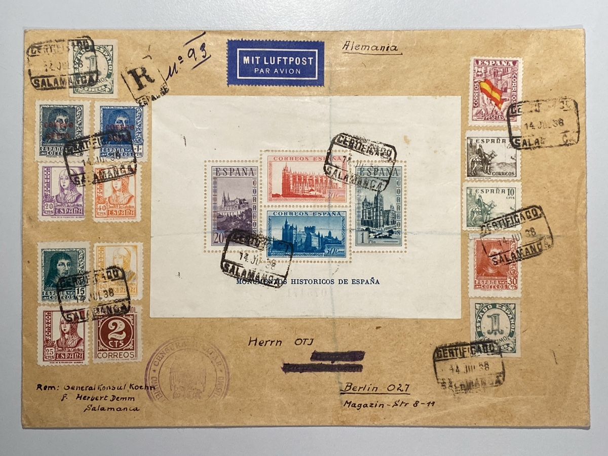 Tutti i francobolli: Spanien 1938, nach Berlin mit Block # 5 RR, top – Usato da Küssnacht a. Rigi venduto da Unique-Valuable