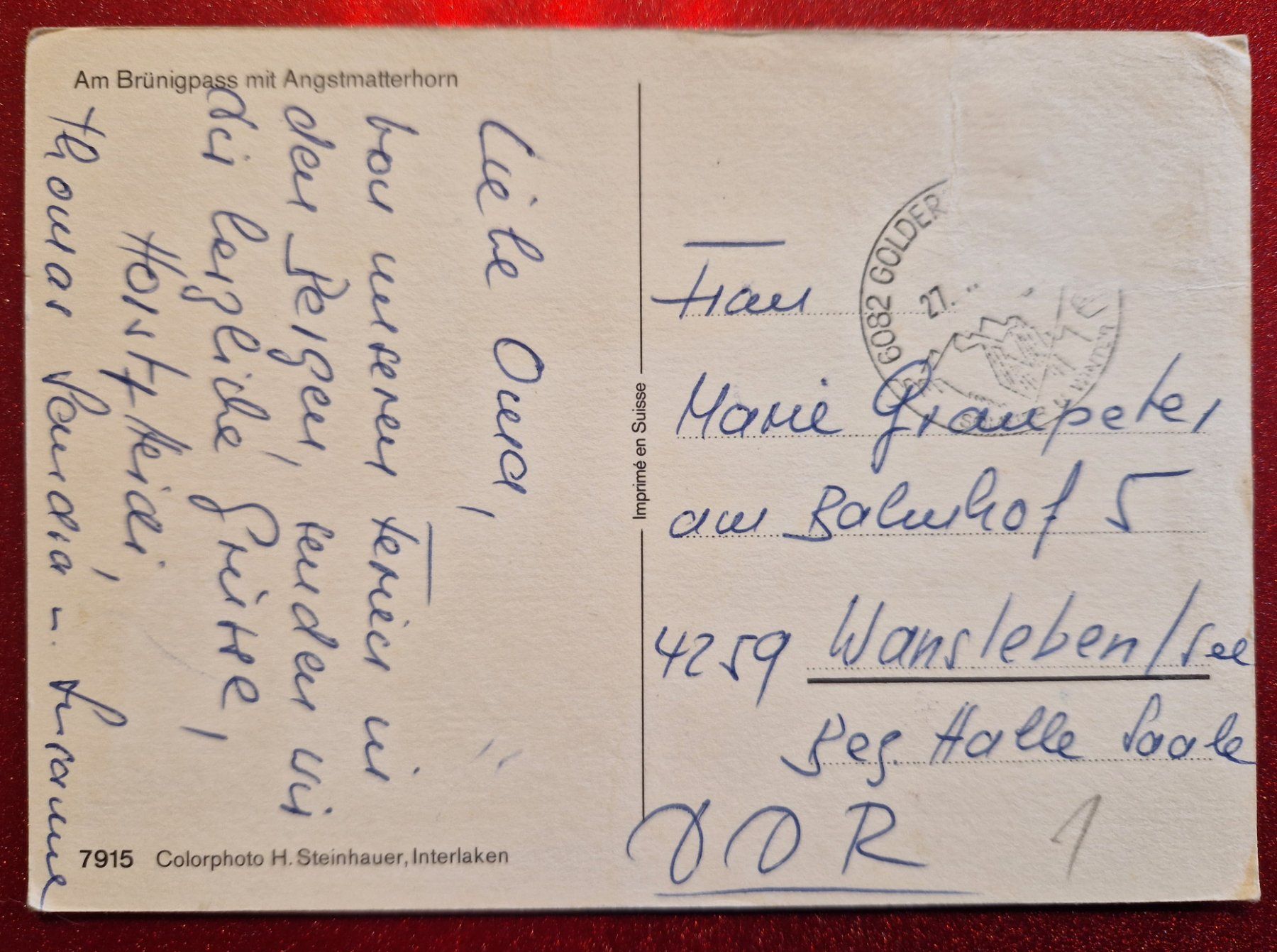 Cartoline postali: Brünigpass mit Angstmatterhorn nach DDR – Usato da Melchnau venduto da Fishel 1