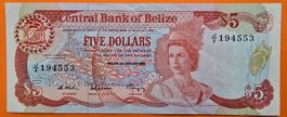 Belize $5 Five Dollars, Queen Elizabeth, QEII 1987 AU