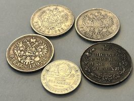 Russland, Rubel 1819, 1897, 1898 (2), 50 Kopeken 1924, 5 Stk
