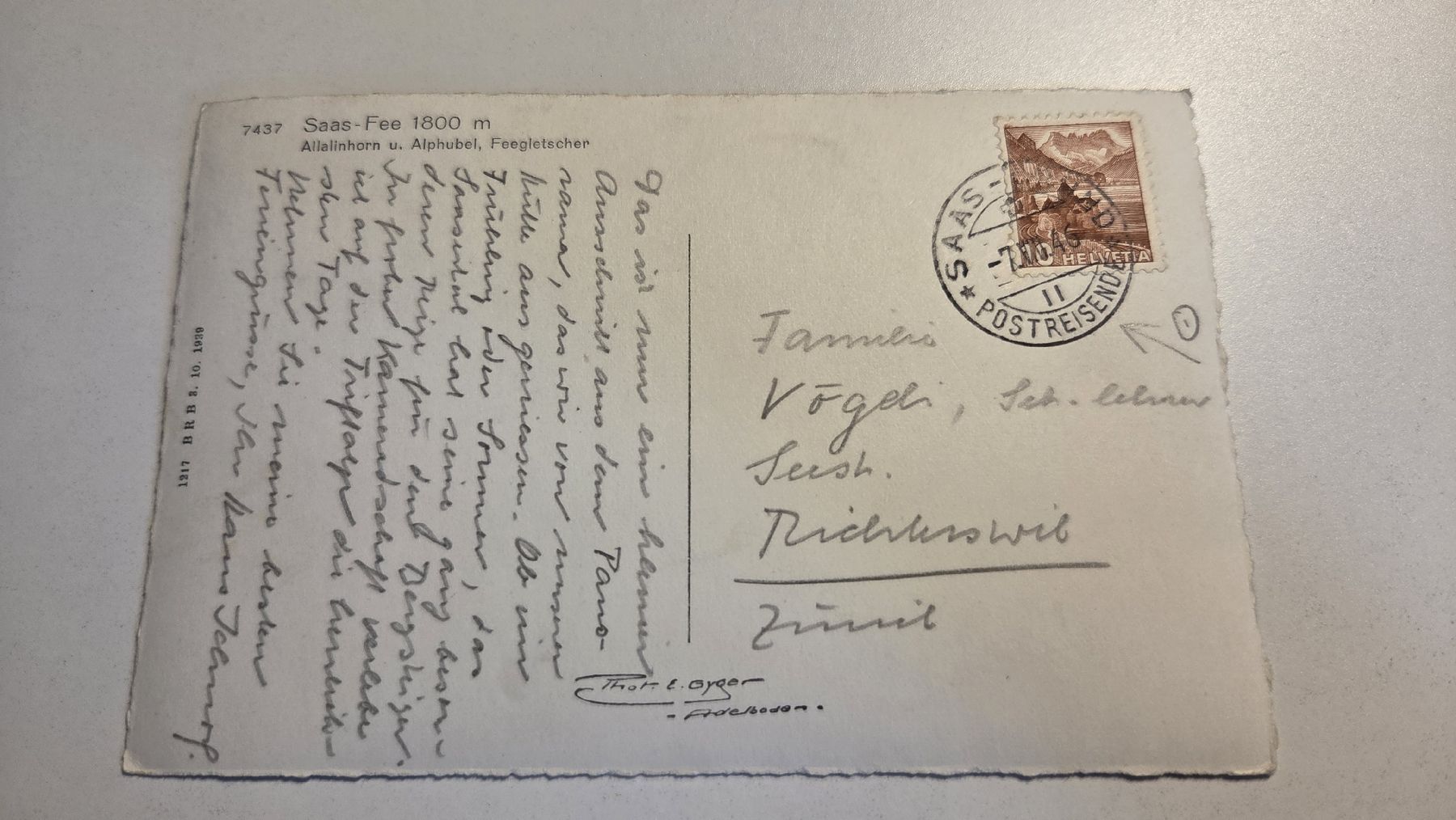 Ansichtskarten: 1946 Ansichtskarte Saas-Fee mit Stempel Postreisende – Gebraucht aus Arni AG von Moth68 1